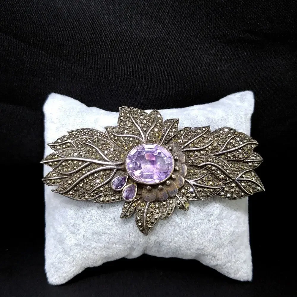 Amethyst Sterling Silver Marcasite Brooch, Artisan Made, 1950s Vintage Jewelry